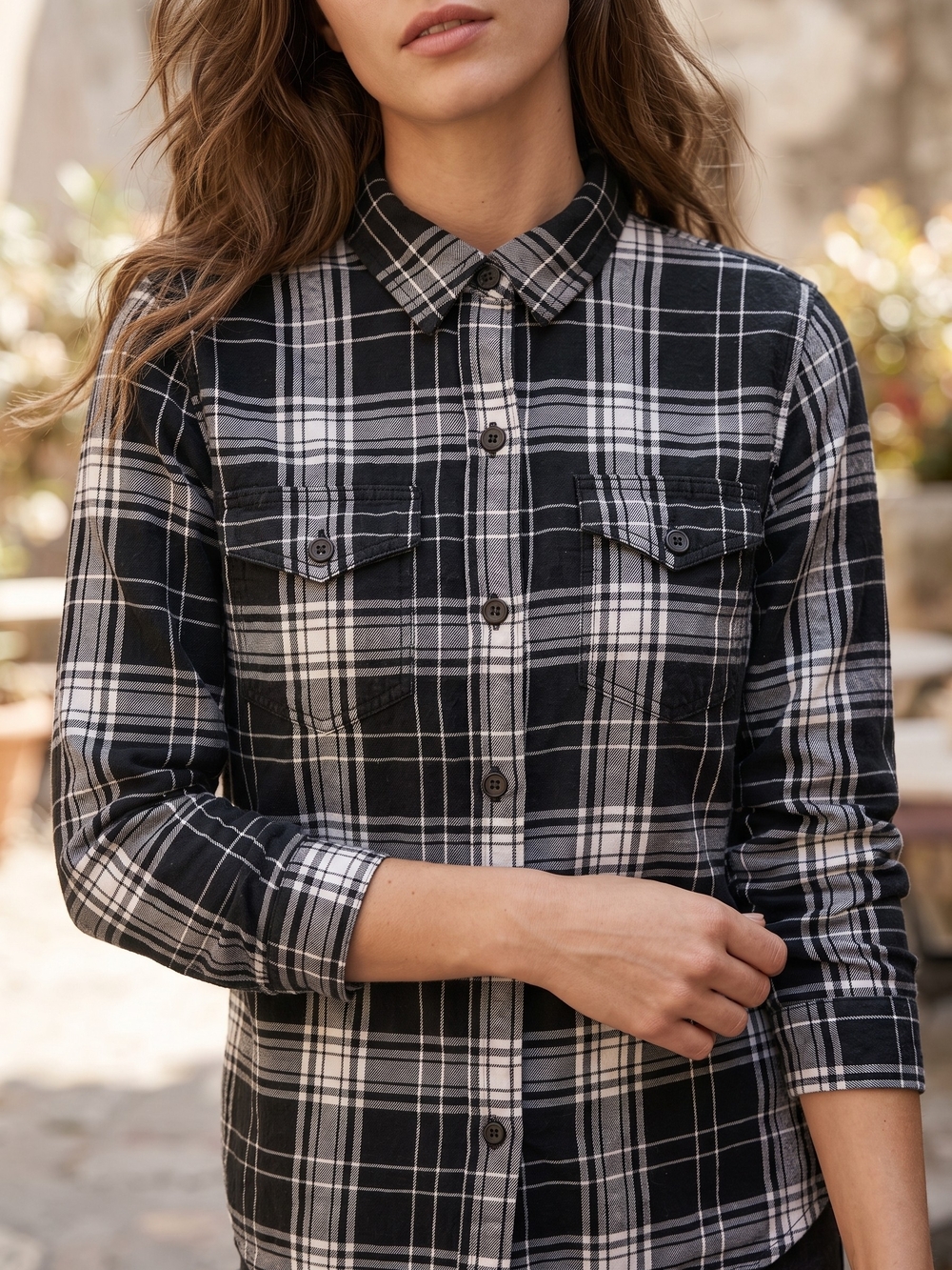 Tilley Black White Plaid Flannel Button Down Grunge Gorpcore Shacket